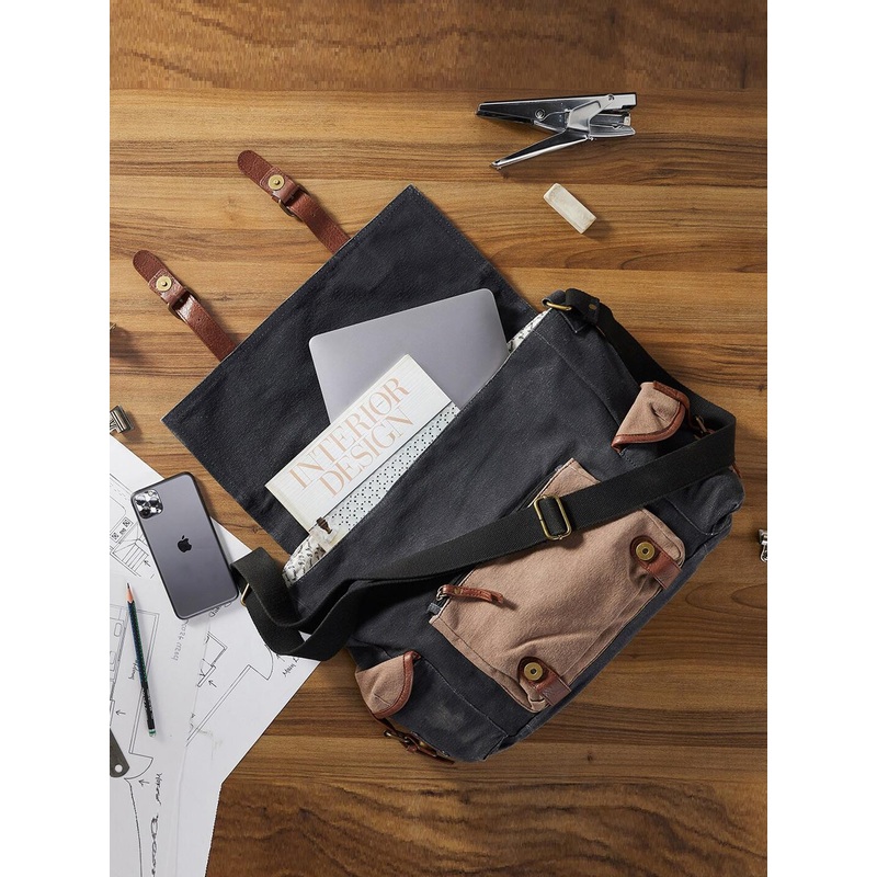 Mona B Navy Blue Upcycled Canvas Crossbody Laptop Messenger Bag