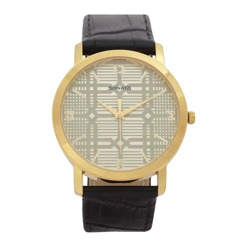 Sonata Men Printed Leather Textured Straps Analogue Watch 99701YL03