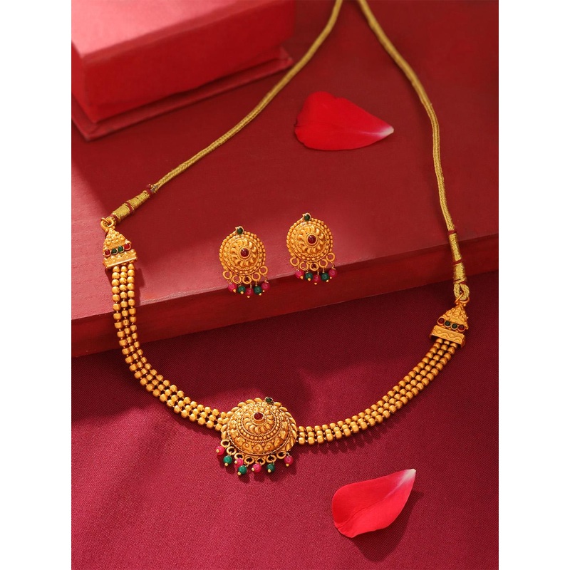 Yellow Chimes Gold Plated Cubic Zirconia Studded & Beaded Jewellery Set