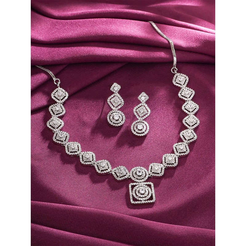 Yellow Chimes Rhodium -Plated Stone-Studded Jewellery Set