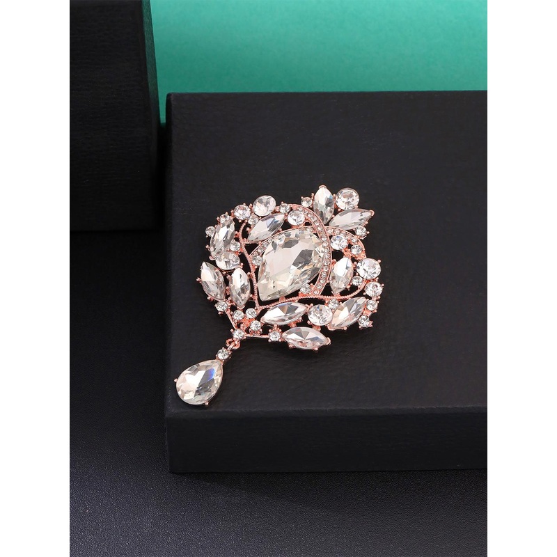Yellow Chimes Rose Gold Coloured & White Crystal Studded Floral Designed Brooch