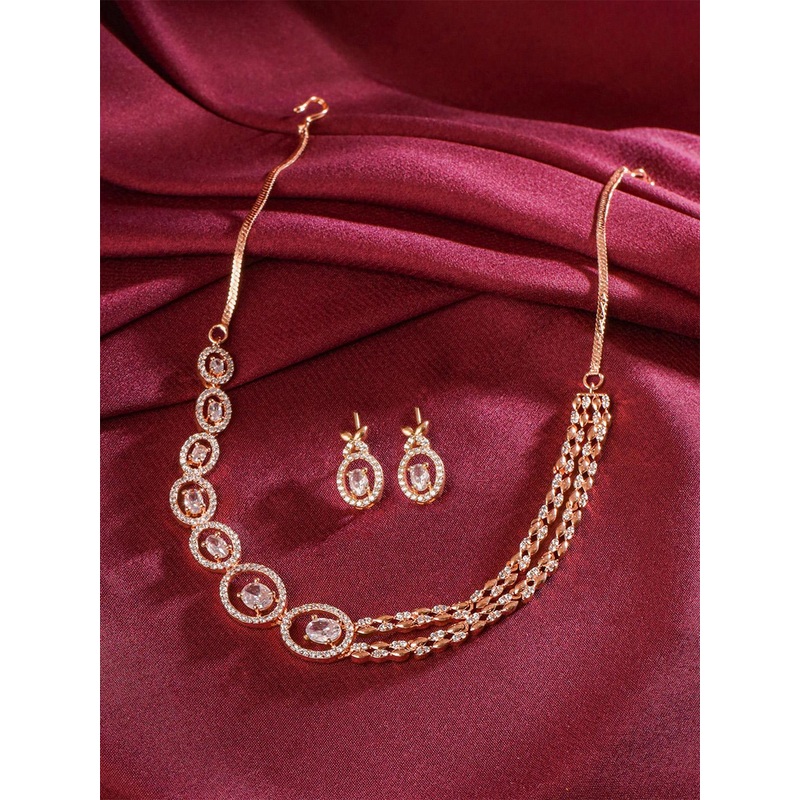 Yellow Chimes Rose Gold-Plated American Diamond Studded Jewellery Set