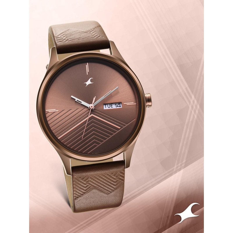 Fastrack Men Brass Dial & Leather Straps Analogue Watch 3247QL02