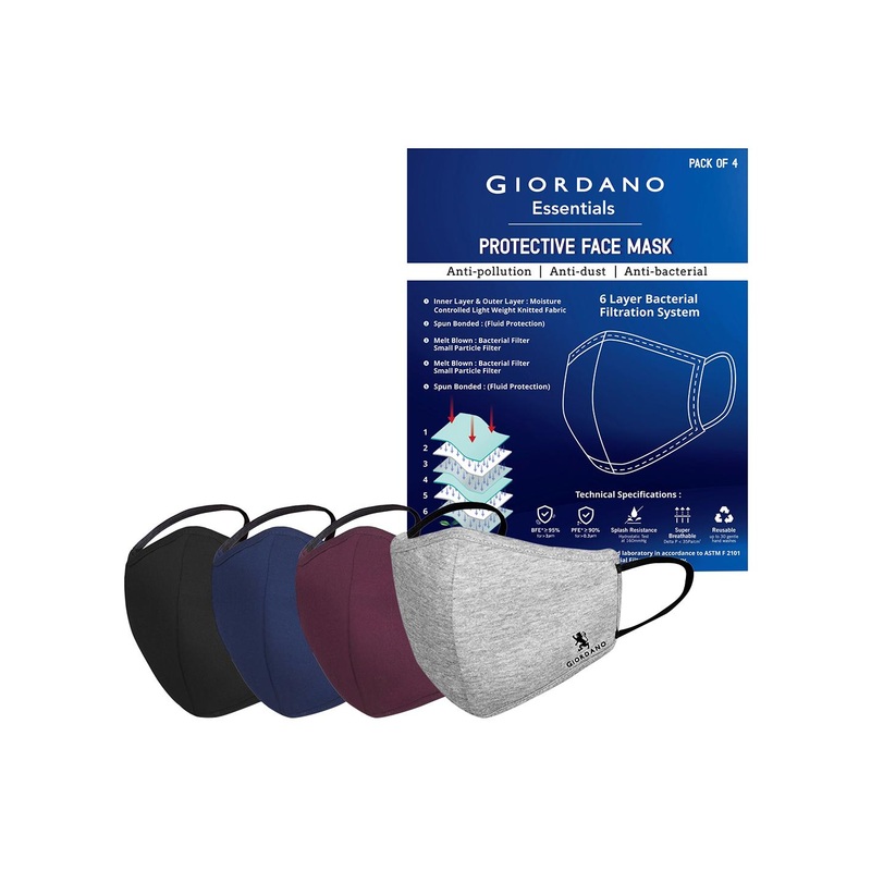 Giordano Unisex Pack of 4 Anti-Bacterial 6 Ply Reusable Cloth Masks