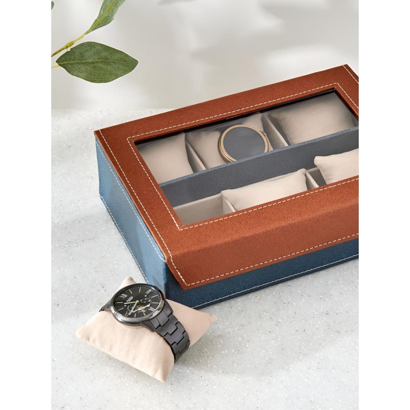 Home Centre Brown & Blue Faux Leather 6 Slots Wrist Watch Organiser Box