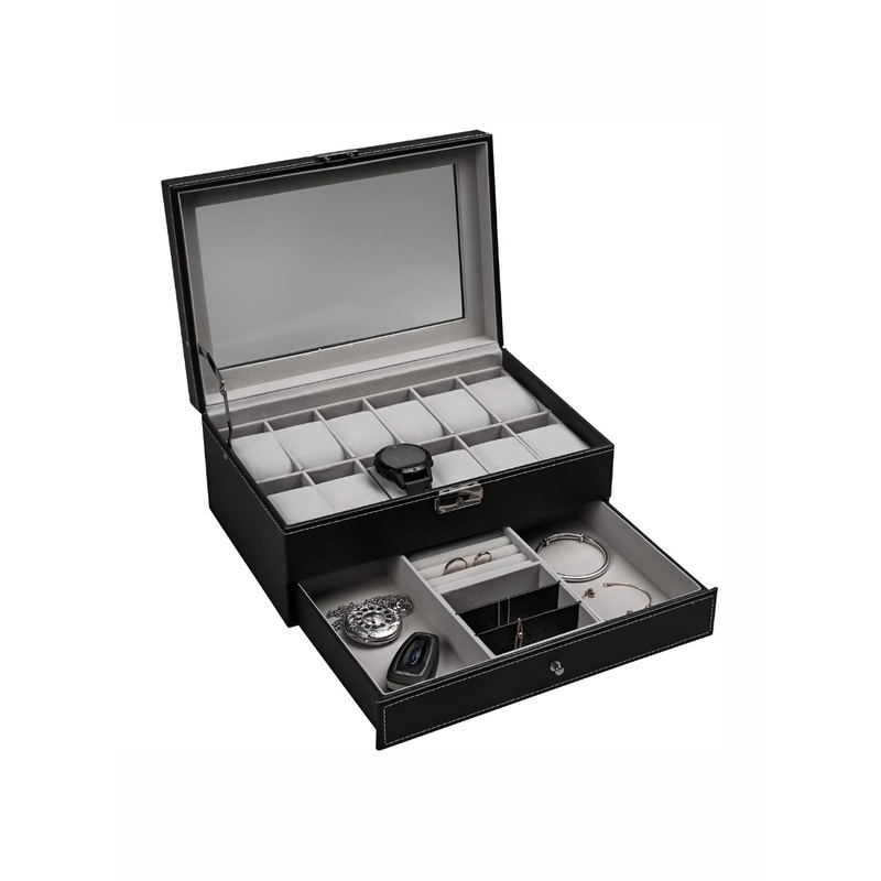 KriShyam Black Double-Layer 12 Slot Watch Box & Jewelry Tray Drawer With Display Glass