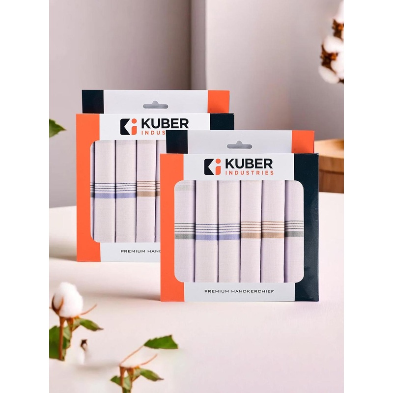 Kuber Industries 12-Pieces White & Blue Striped Cotton Handkerchief With Box