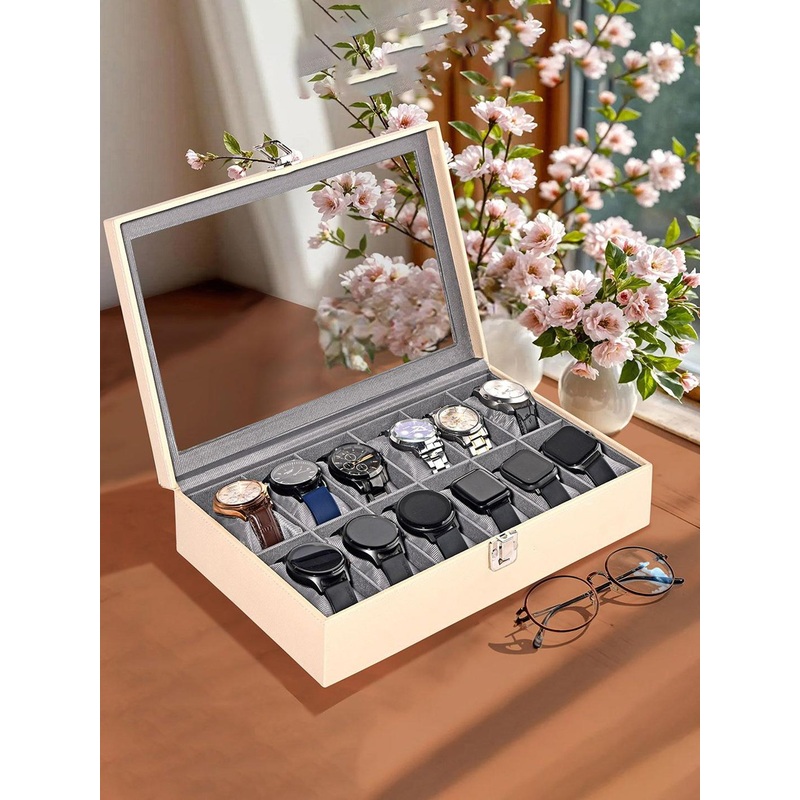 Kuber Industries Cream Color 12 Slots Wrist Watch Organizer Box