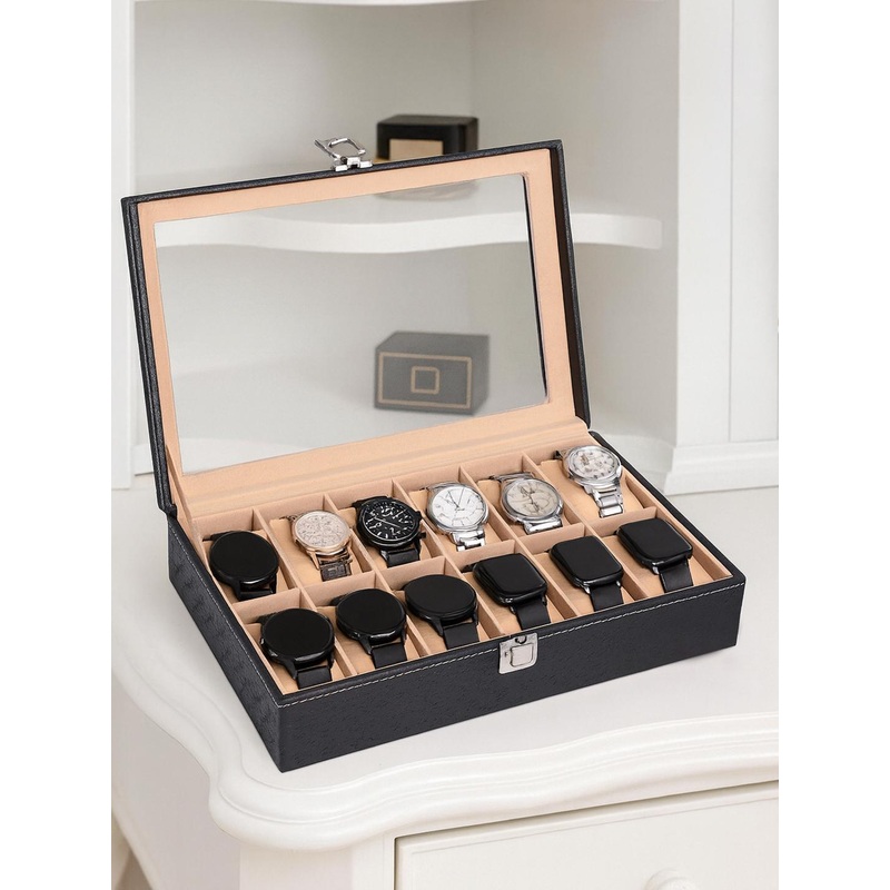 Kuber Industries Men 12 Slots Black Premium Faux Leather Wrist Watch Organizer Box
