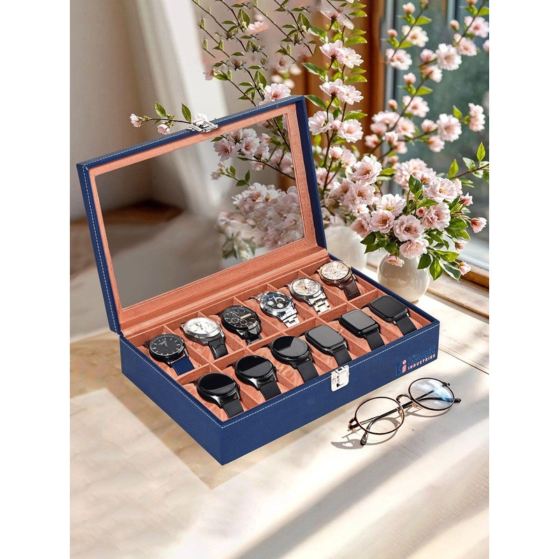 Kuber Industries Men 12 Slots Navy Blue Faux Leather Watch Organiser watch box