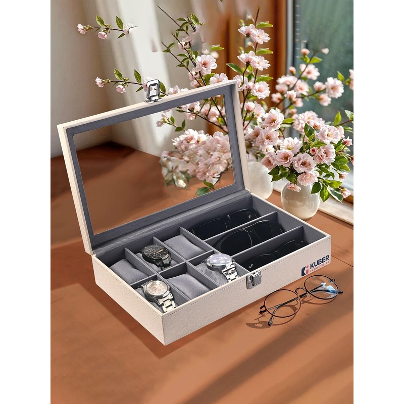 Kuber Industries Men 6+3 Slots Cream Faux Leather watch box and sunglasses organizer