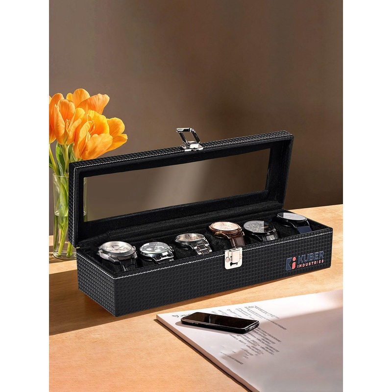 Kuber Industries Men 6 Slots Black Premium Faux Leather Wrist watch box organizer