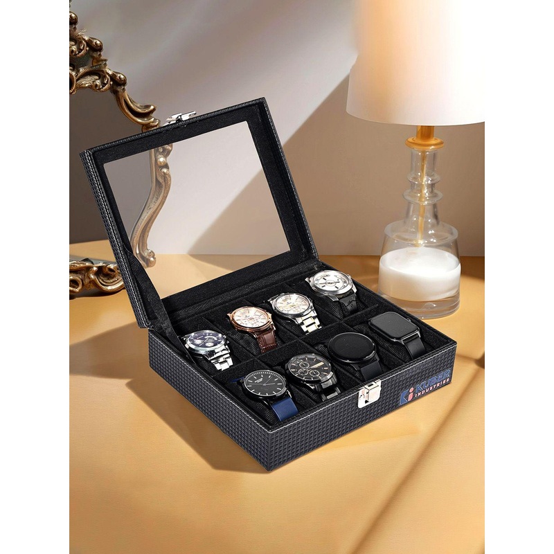 Kuber Industries Mens 8 Slots Black Faux Leather watch organiser for drawer storage