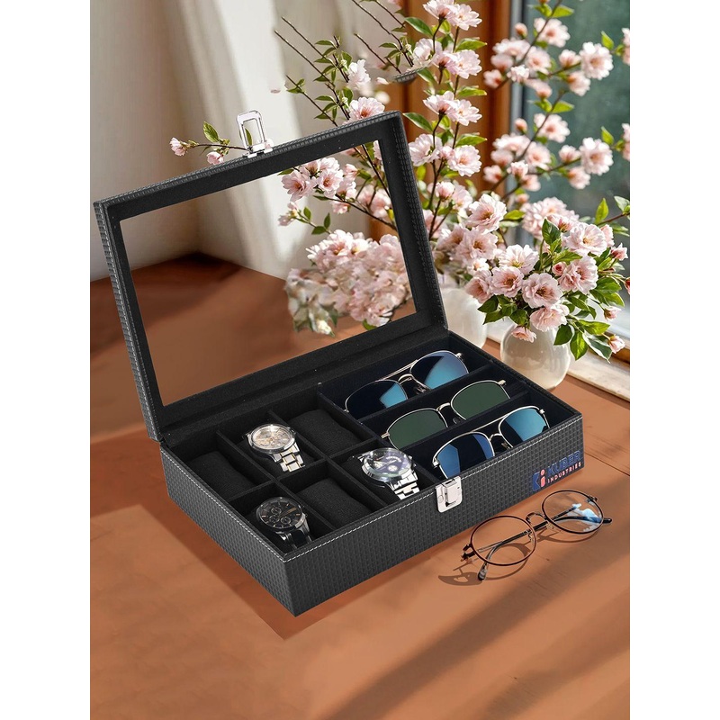 Kuber Industries Unisex 6+3 Slots Black Faux Leather Wrist Watch Organiser