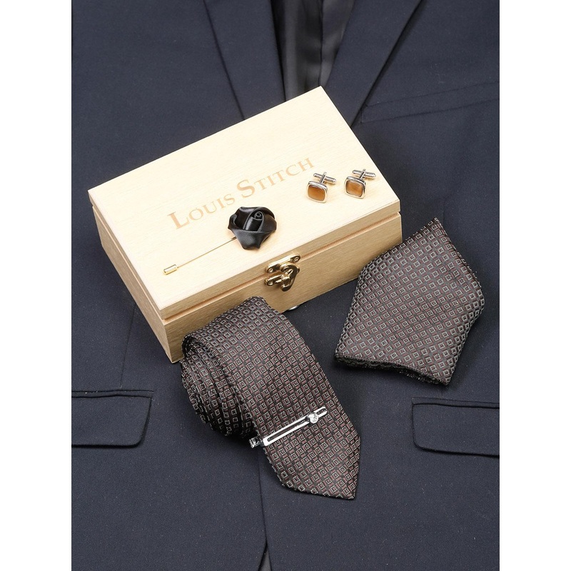 Louis Stitch Men Chocolate Brown Italian Silk Necktie Accessory Gift Set