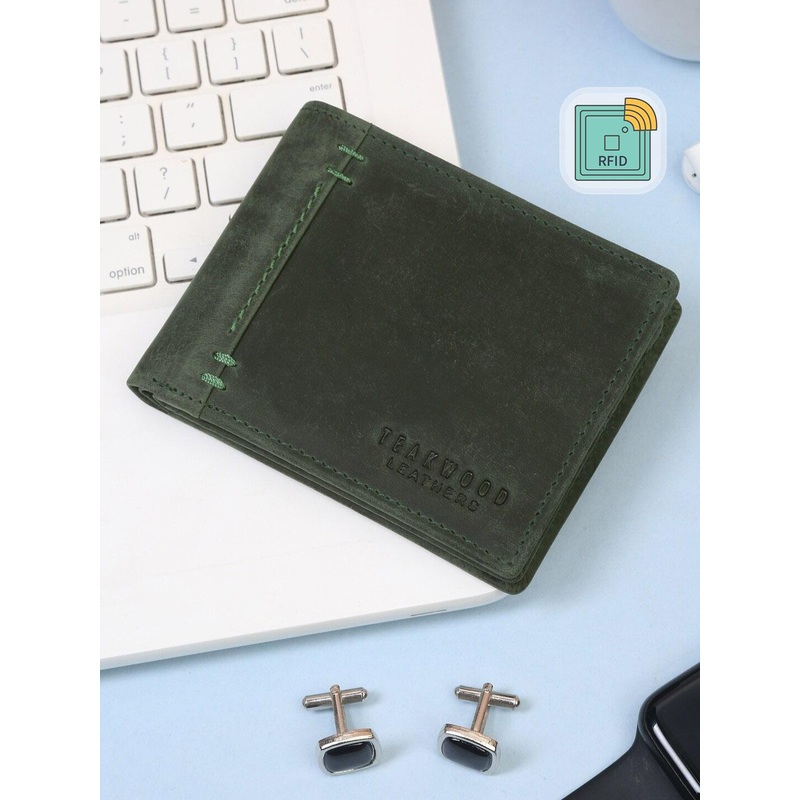 Teakwood Leathers Men Olive Green Leather Two Fold Solid Wallet RFID Features