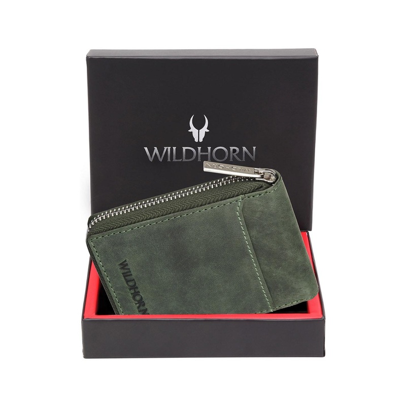 WildHorn Unisex Green Leather Zip Around Wallet