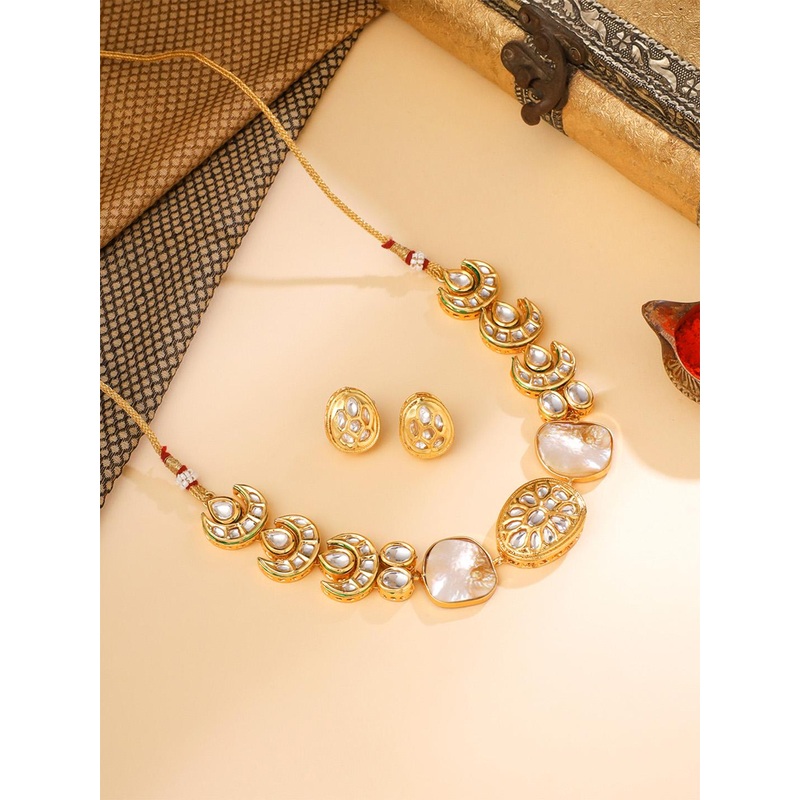 Yellow Chimes  Gold-Plated Kundan Studded & Beaded Necklace and Earrings