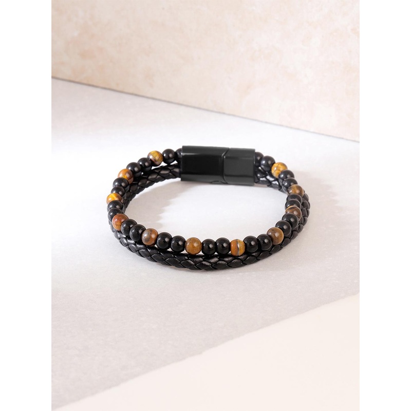 Yellow Chimes Men Black & Orange Beaded Stretchable Bracelet