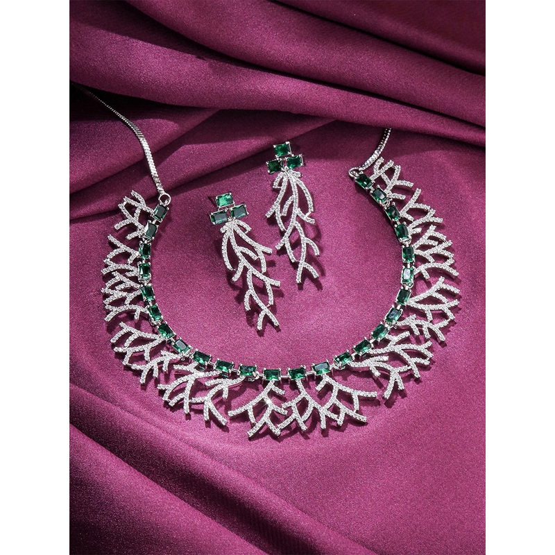 Yellow Chimes Rhodium-Plated American Diamond Studded Jewellery Set