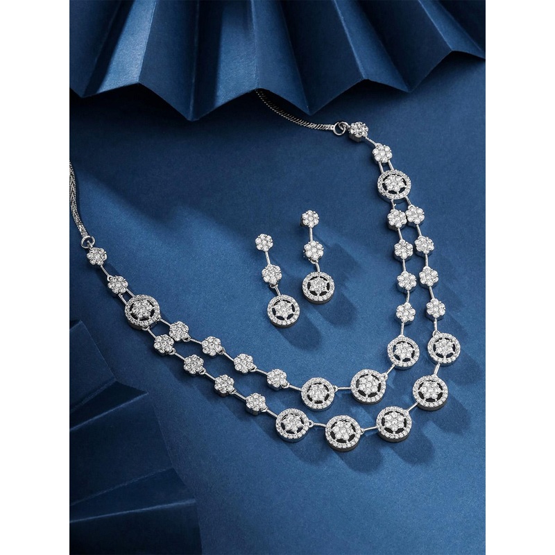 Yellow Chimes Rhodium-Plated Stone-Studded Necklace and Earrings