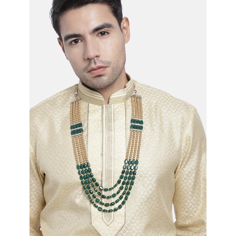 I Jewels Men Green & Gold-Toned Gold-Plated Layered Necklace