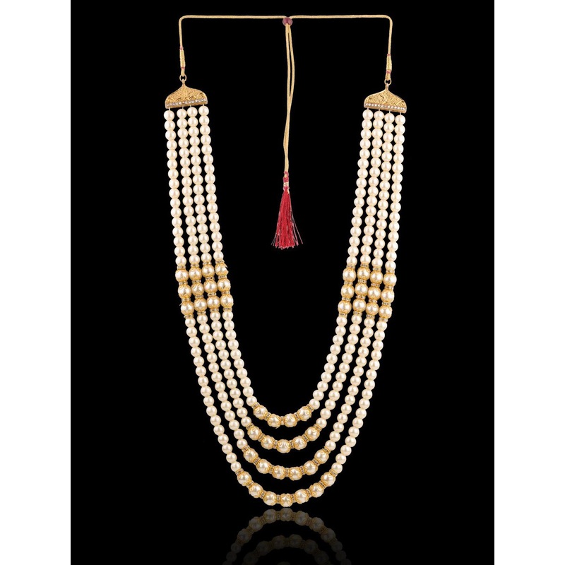 Sanjog Men White & Gold-Plated Brass Layered Dulha Moti Mala Haar Groom Necklace