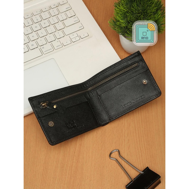 LOUIS STITCH Men Black Zip Detail Leather Two Fold Wallet