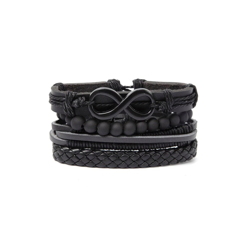 OOMPH Men Set Of 4 Black Leather Multistrand Bracelet