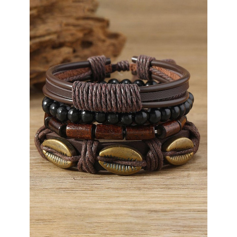 The Roadster Lifestyle Co. Men Set Of 4 Artificial Beaded Elasticated Leather Bracelets