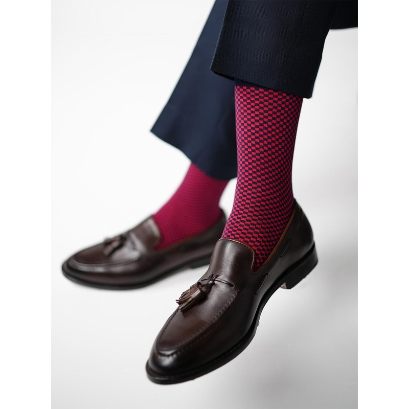 Theater Men Red Checked Mercerized Cotton Formal Socks