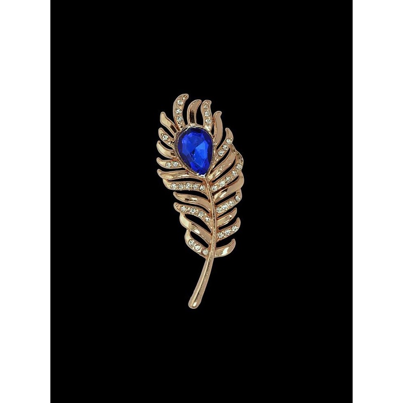 Curren Men Rose Gold Plated Artificial Stones Studded Peacock Feather Brooch