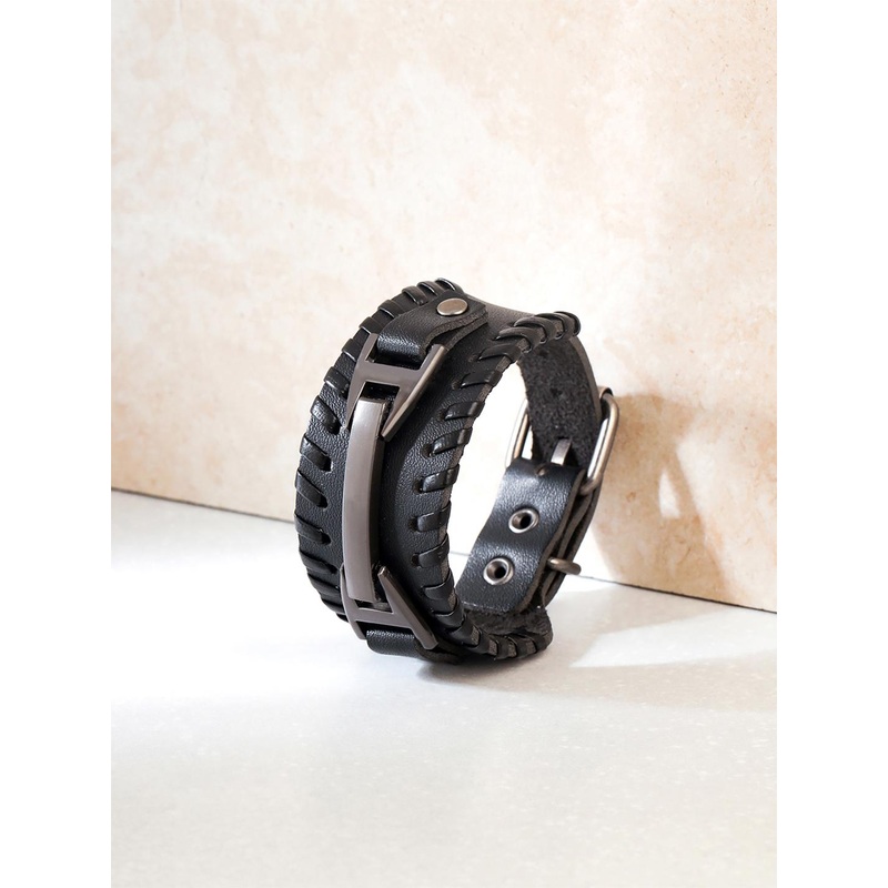 Yellow Chimes Men Black Adjustable Braided Rope Alloy Leather Bracelet