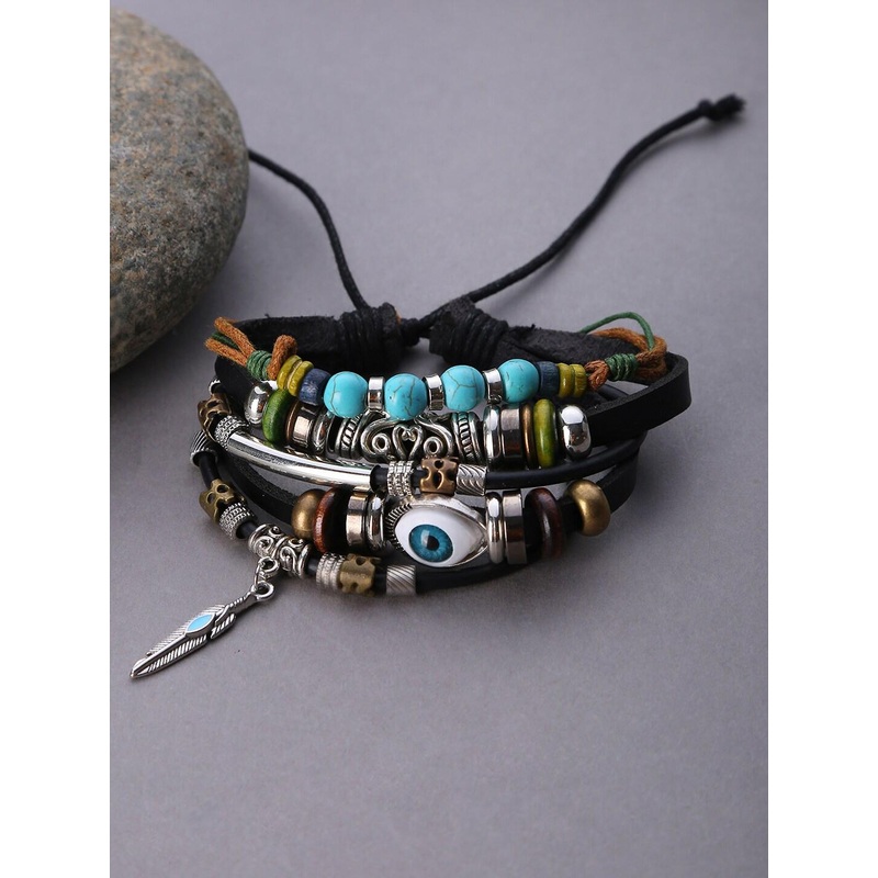 SOHI Men Black & Blue Evil Eye Layered Bracelet