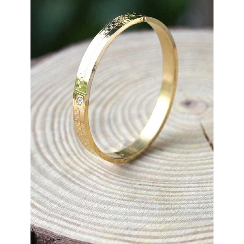 SZN Men Gold-Plated Stainless Steel American Diamond Studded Kada Bracelet