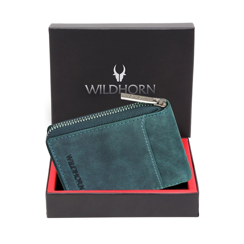 WildHorn Unisex Blue Leather Zip Around Card Holder Wallet