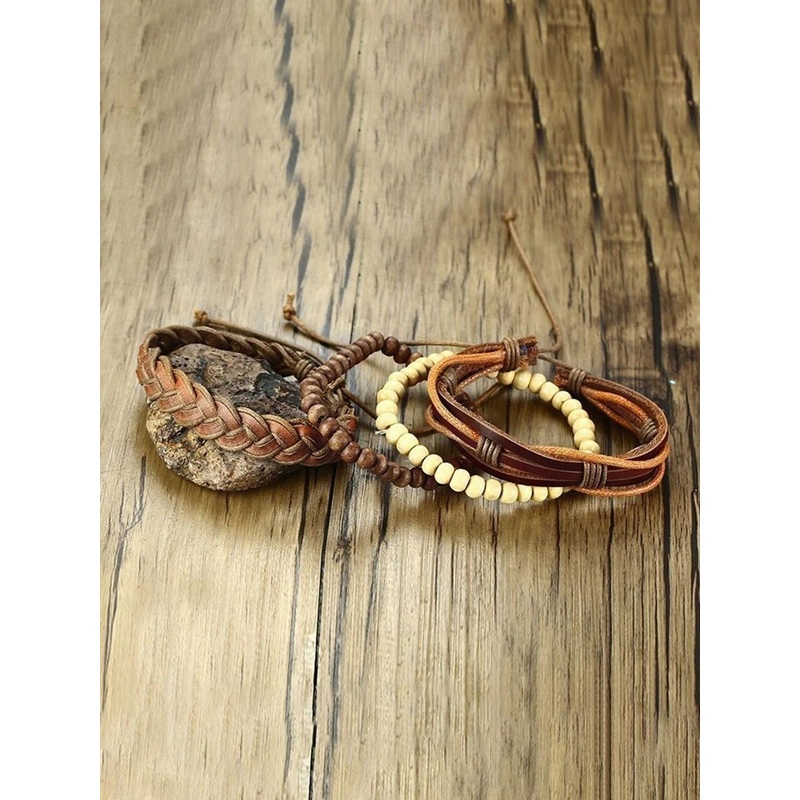 MEENAZ Men Pack Of 4 Artificial Stones and Beads Studded Leather Wraparound Bracelets