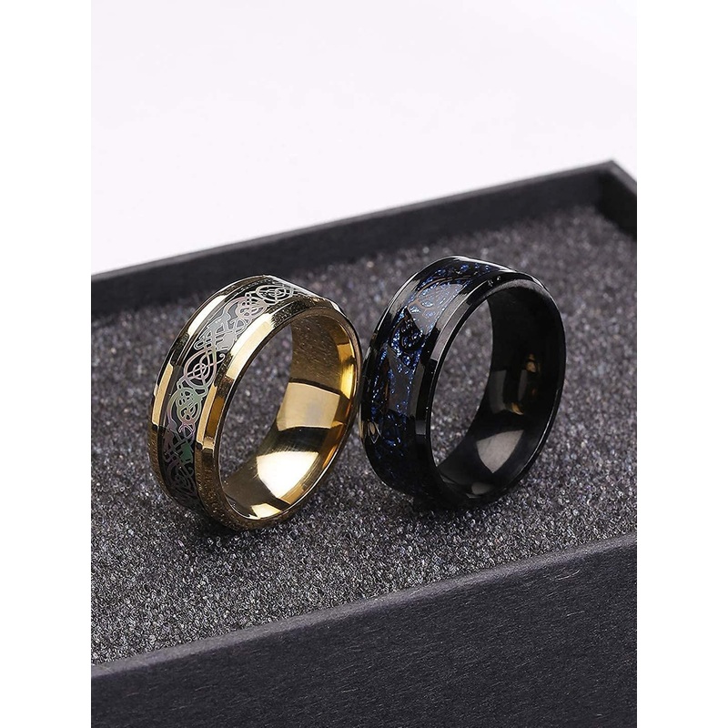 Yellow Chimes Men Set Of 2 Dragon Celtic Inlay Polish Finish Titanium Finger Rings