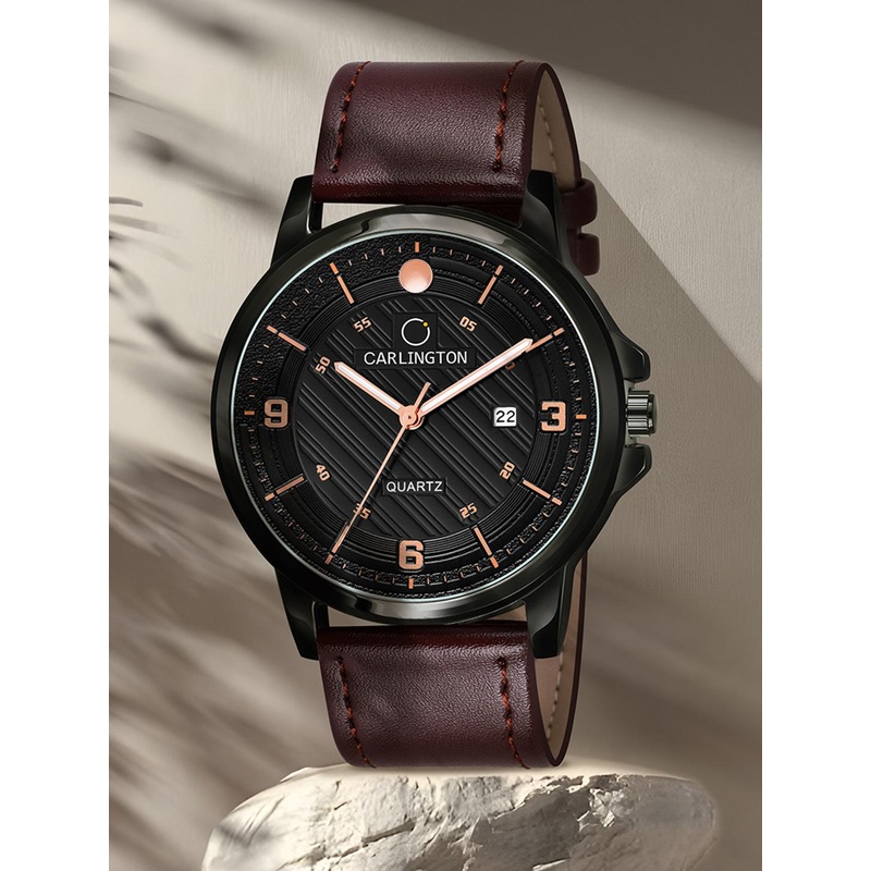 CARLINGTON Men Black Alloy Dial & Brown Strap Analogue Watch CT1050 Brown-Black