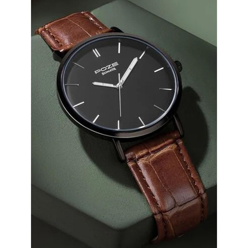 Sonata Men Printed Dial & Leather Textured Straps Analogue Watch SP70021NL01W