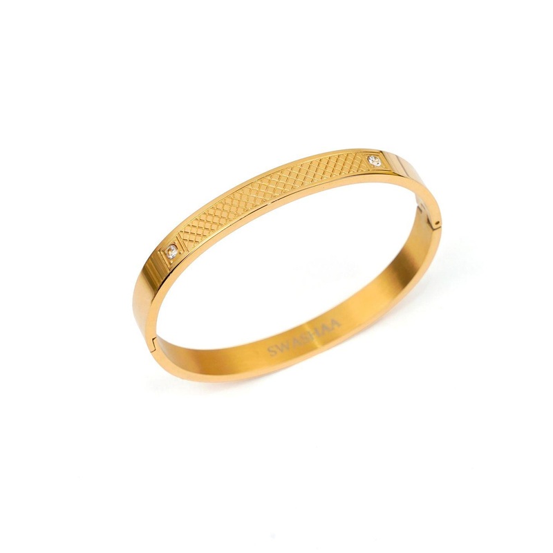SWASHAA Men Hector Stainless Steel Cubic Zirconia Gold-Plated Kada Bracelet