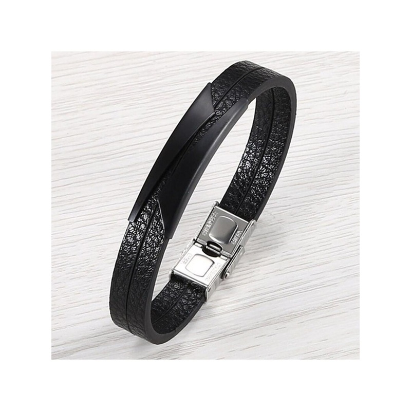 ZIVOM Men Leather Rhodium-Plated Link Bracelet