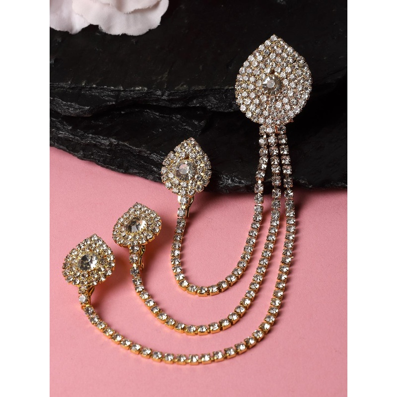 Sanjog Men Stone-Studded Statement American Diamond Brooch Chain Lapel Pin