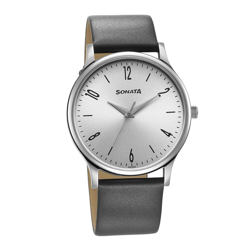 Sonata Men Brass Dial & Leather Straps Analogue Watch 77105SL15W