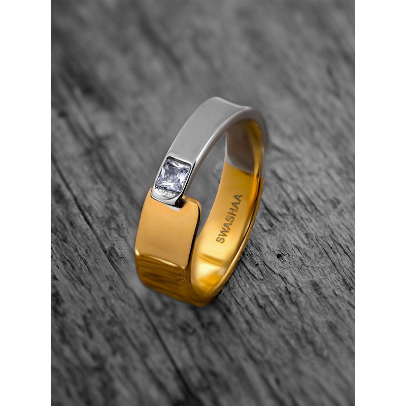 SWASHAA Caravan Stainless Steel Gold-Plated Cubic Zirconia Stone-Studded Finger Ring