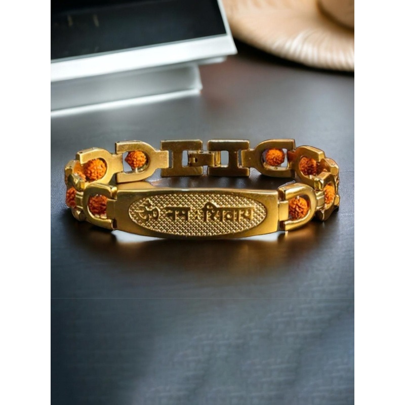SZN Men Stainless Steel Gold-Plated Om Namah Shivay Link Bracelet