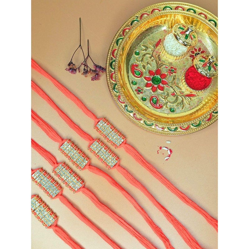 Anouk Set Of 6 Artificial Stones Studded Thread Rakhis With Card & Pooja Thali