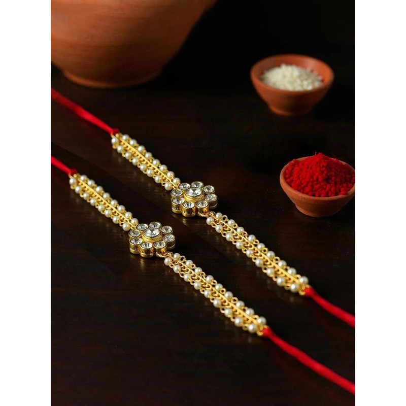 LUCKY JEWELLERY 2-Pcs Cubic Zircon Studded Rakhi With Roli Chawal & Greeting Card