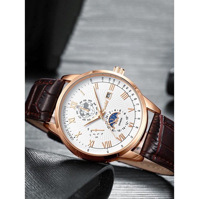 Poshi Men Round Dial Genuine Leather Strap Watch with Adjustable Clasp