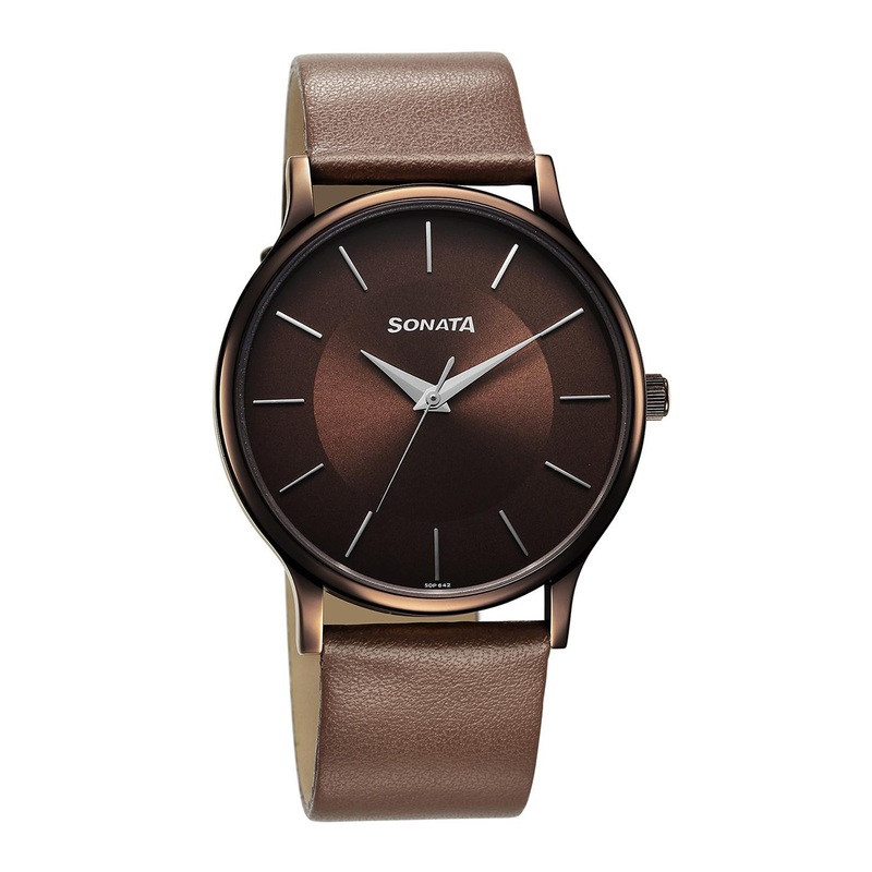 Sonata Men Brass Dial & Leather Straps Analogue Watch 77105QL02W